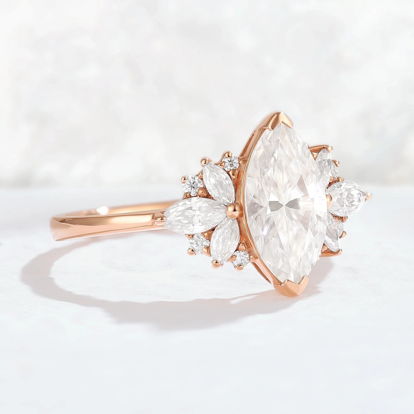 Cluster Marquise Cut Moissanite Petal Side Gemstone Ring