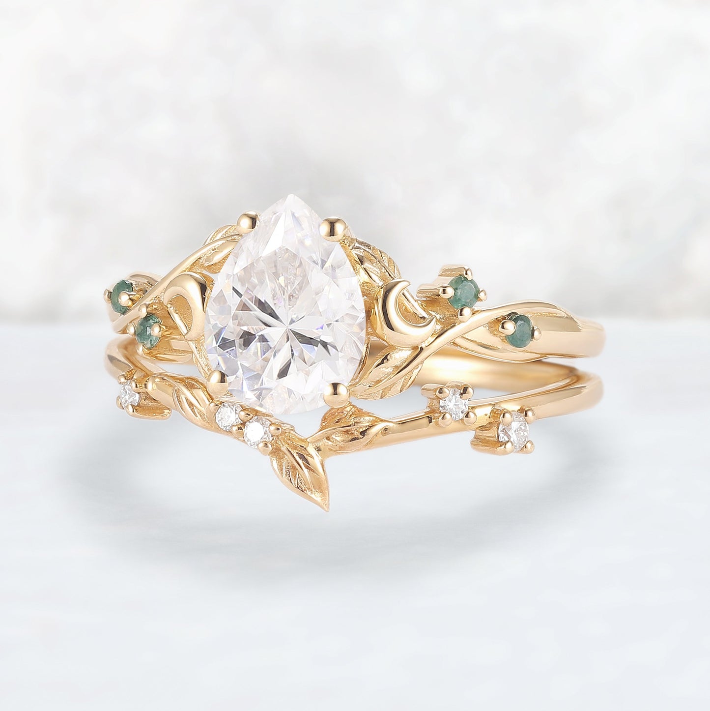 Nature Inspired Pear Cut Moissanite Moon Gemstone Ring Set 2pcs