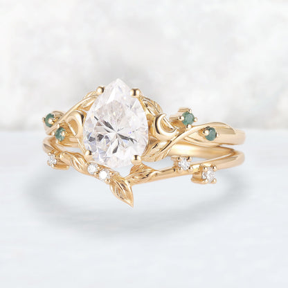 Nature Inspired Pear Cut Moissanite Moon Gemstone Ring Set 2pcs