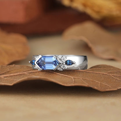 5x9mm Long Hexagon Cocktail Sapphire Cluster Men's Band-Noah