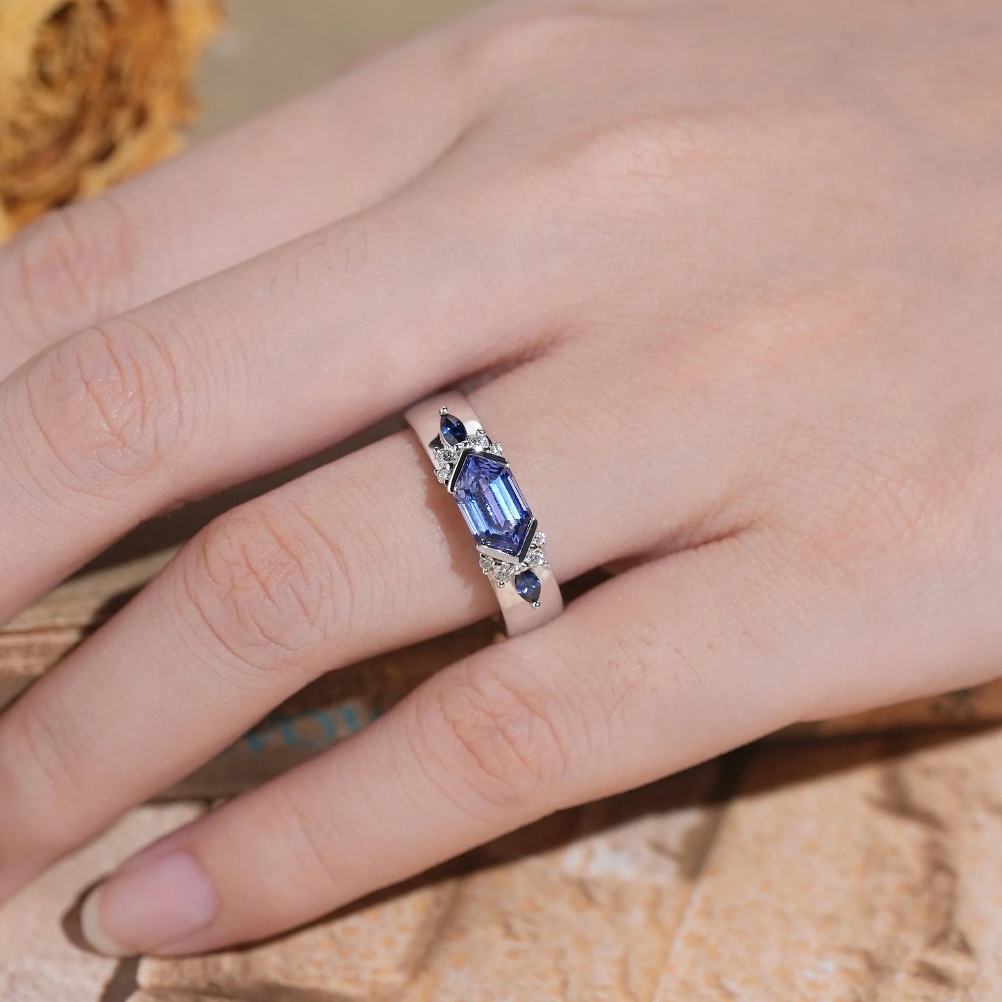 5x9mm Long Hexagon Cocktail Sapphire Cluster Men's Band-Noah