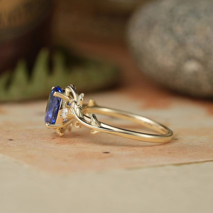 6x8mm Oval Cornflower Sapphire Leaf Shaped Ring-Leila