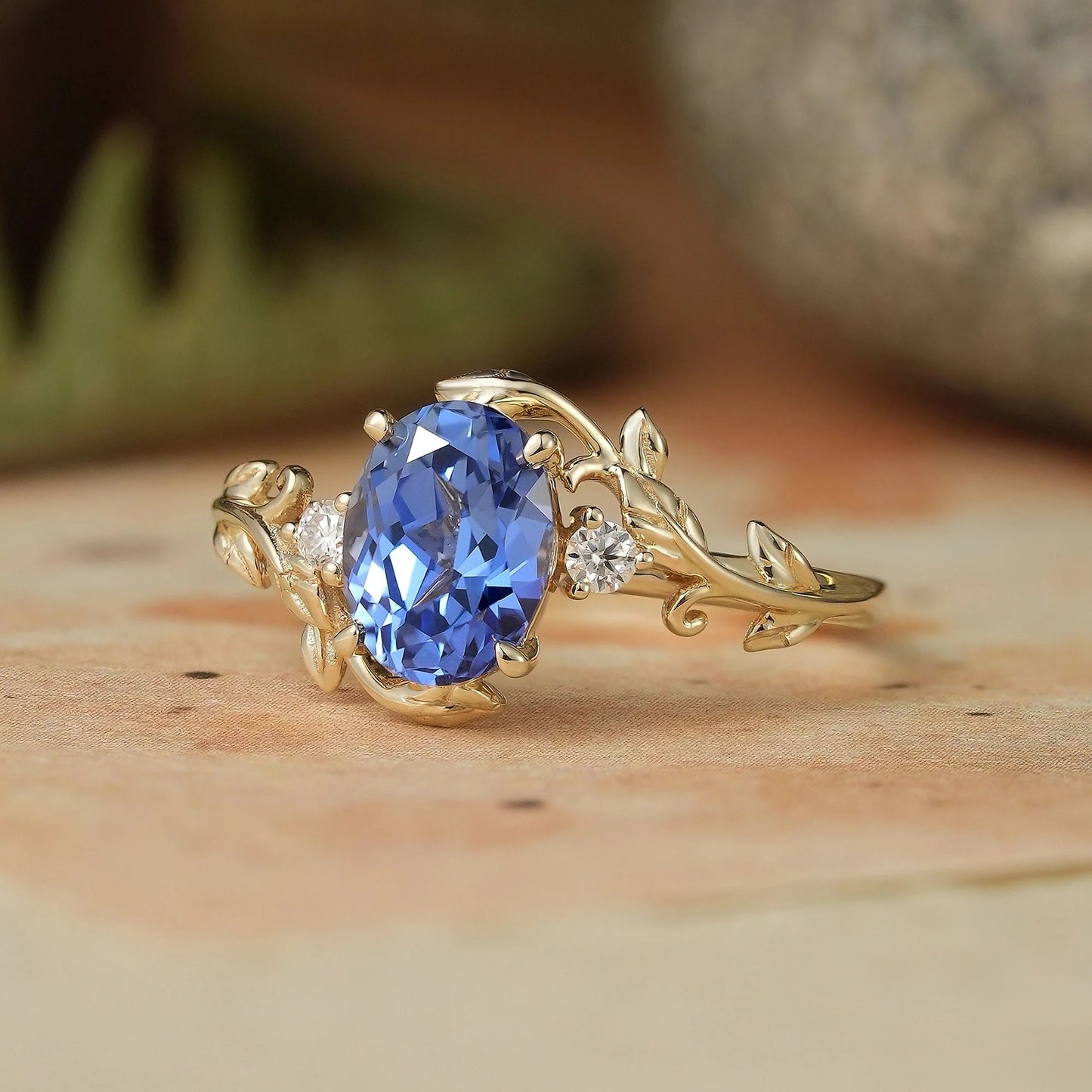 6x8mm Oval Cornflower Sapphire Leaf Shaped Ring-Leila