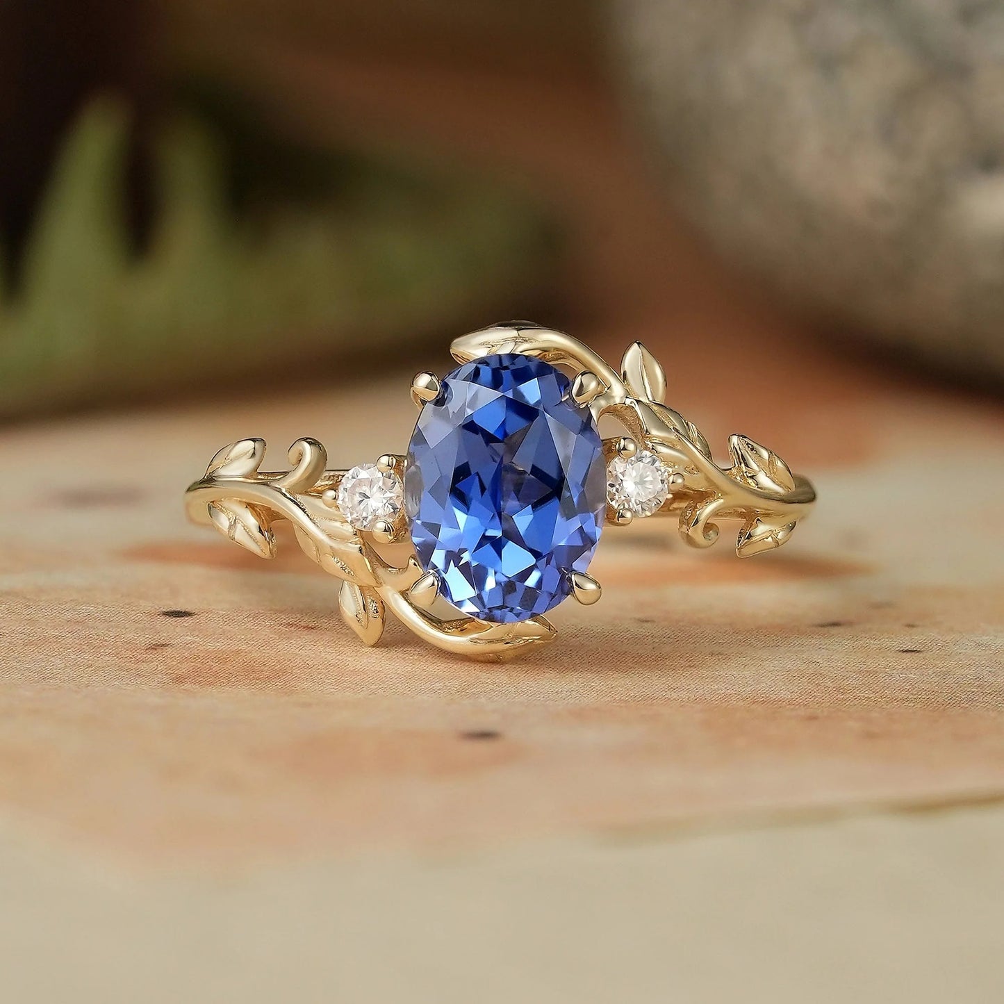 6x8mm Oval Cornflower Sapphire Leaf Shaped Ring-Leila