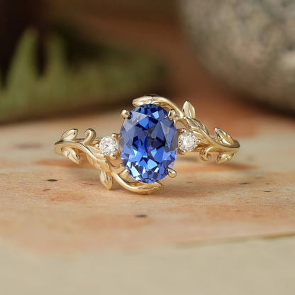 6x8mm Oval Cornflower Sapphire Leaf Shaped Ring-Leila
