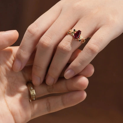 6x9 Coffin Cut Ruby Nature Inspired Couple Rings - Soulmates' Promise