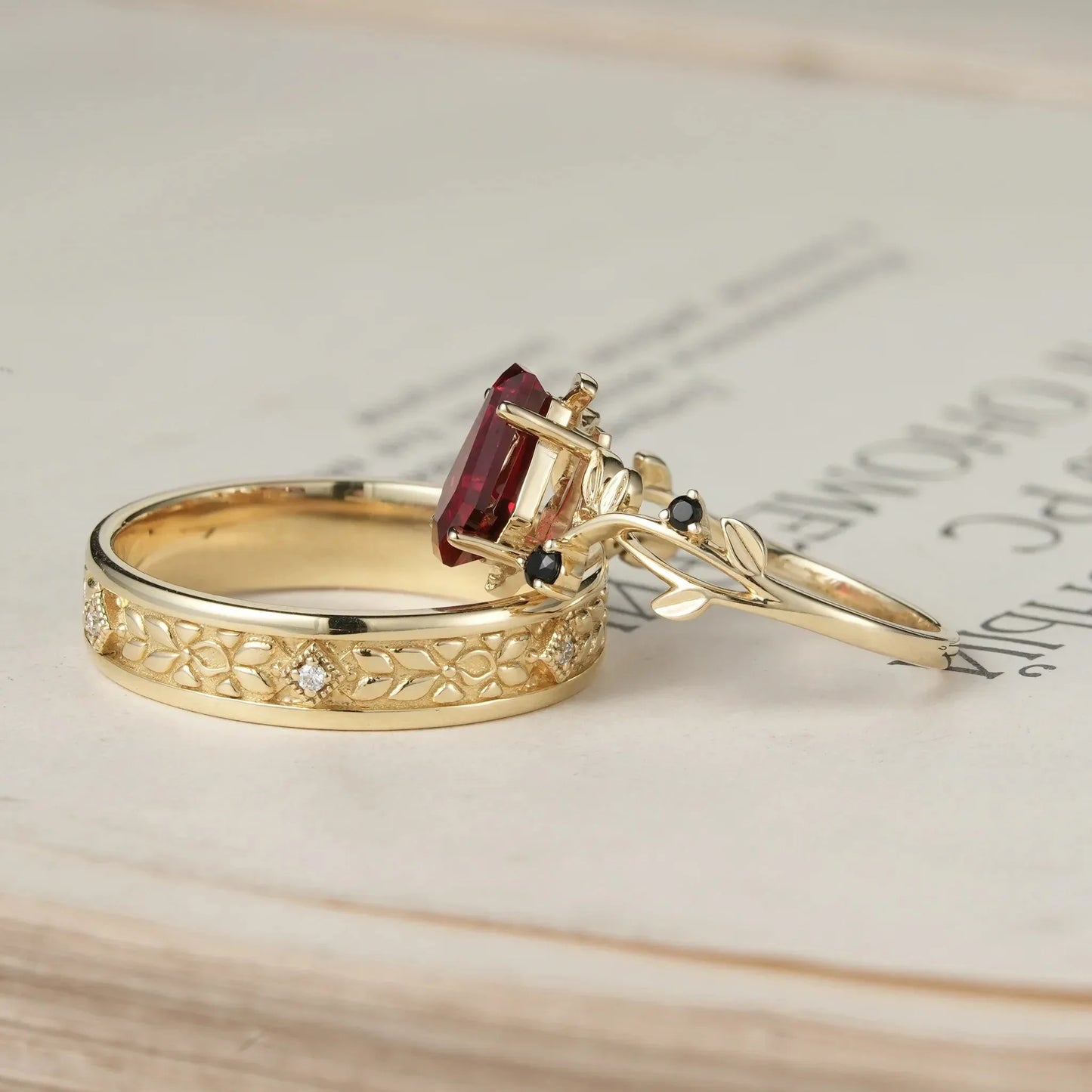 6x9 Coffin Cut Ruby Nature Inspired Couple Rings - Soulmates' Promise