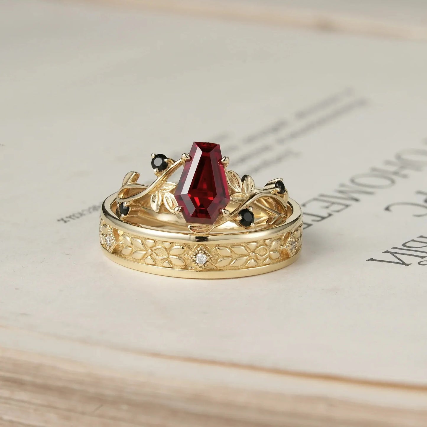 6x9 Coffin Cut Ruby Nature Inspired Couple Rings - Soulmates' Promise
