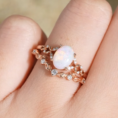 Unique Natural Australian Opal Opal Leaf Gemstone Ring Set 2pcs