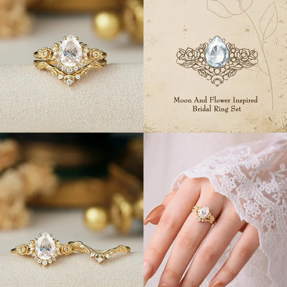 Pear Cut Moissanite Moon And Flower Inspired Bridal Ring Set