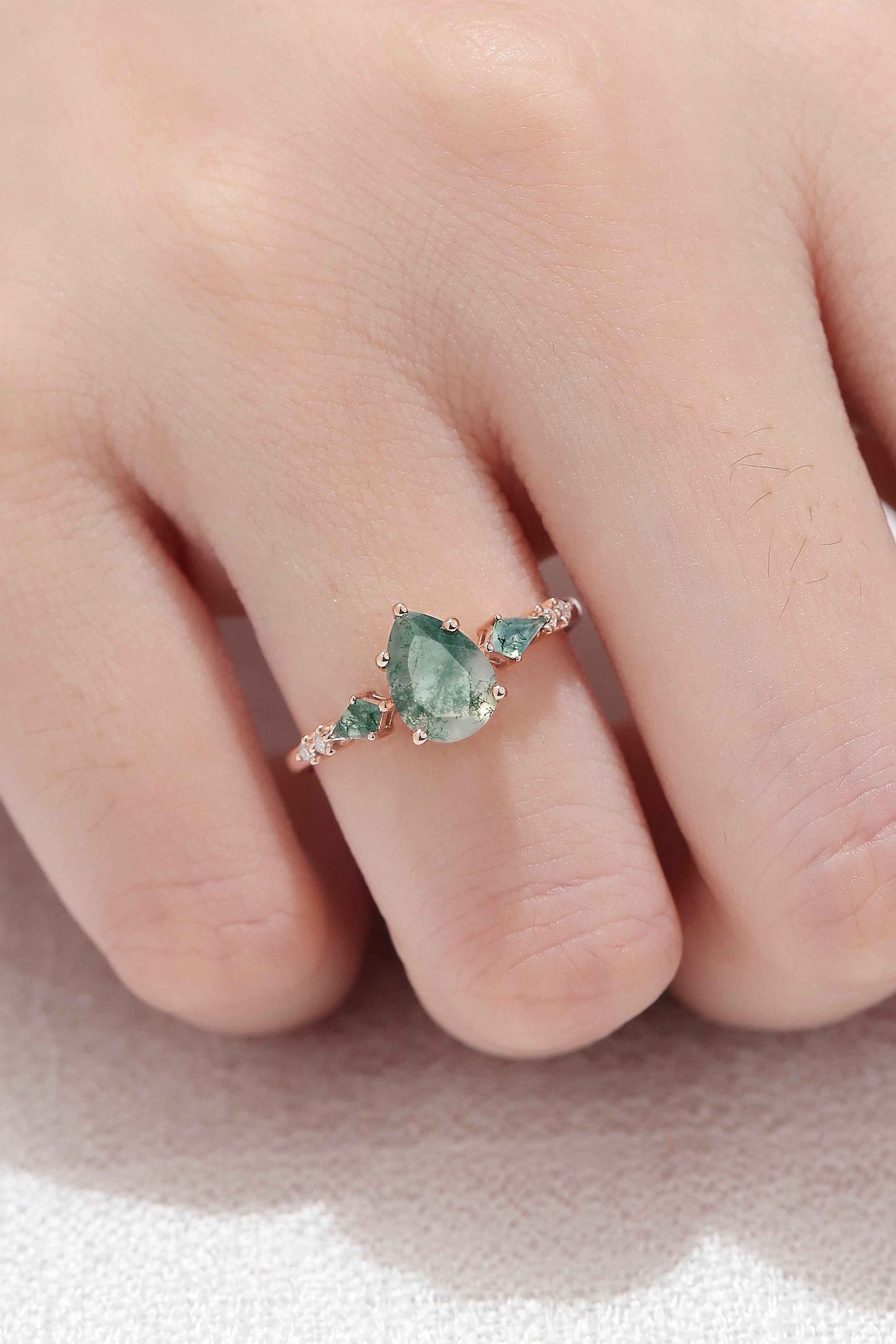 Unique Pear Shaped Moss Agate Cluster Gemstone Ring