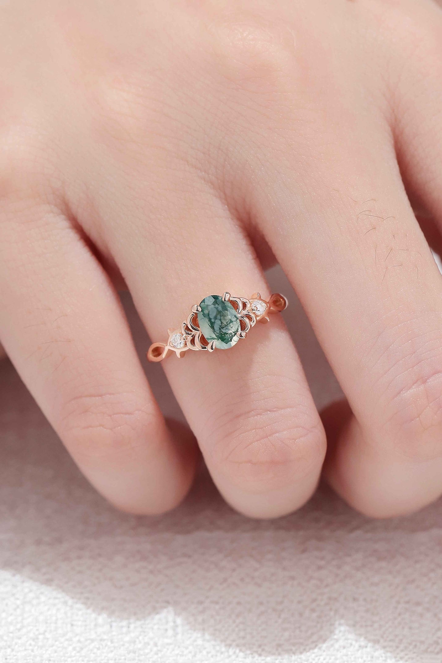 Nature Oval Cut Moss Agate Twig Gemstone Ring