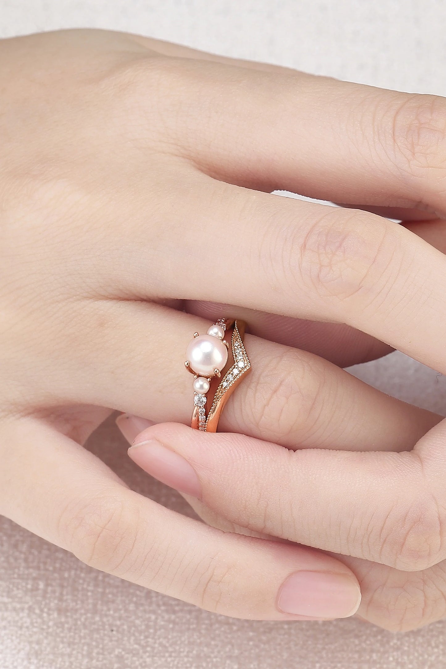 Akoya Round Pearl and Moissanite Gemstone Ring Set 2pcs