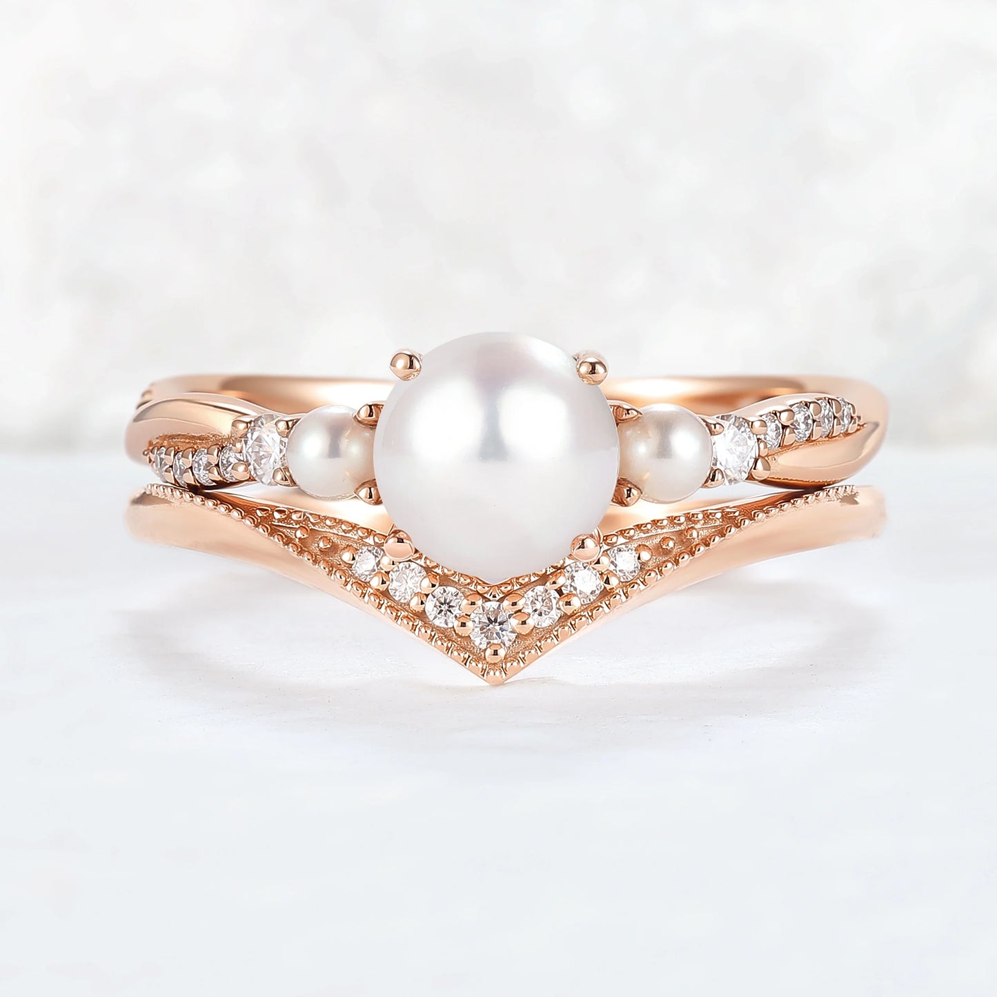 Akoya Round Pearl and Moissanite Gemstone Ring Set 2pcs