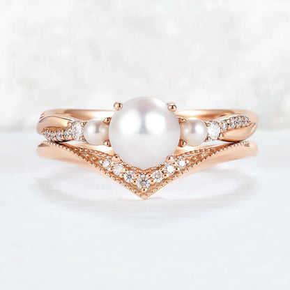 Akoya Round Pearl and Moissanite Gemstone Ring Set 2pcs