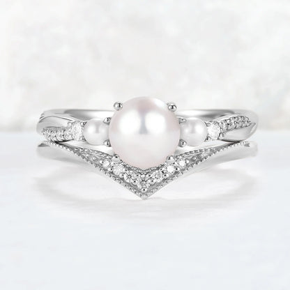 Akoya Round Pearl and Moissanite Gemstone Ring Set 2pcs