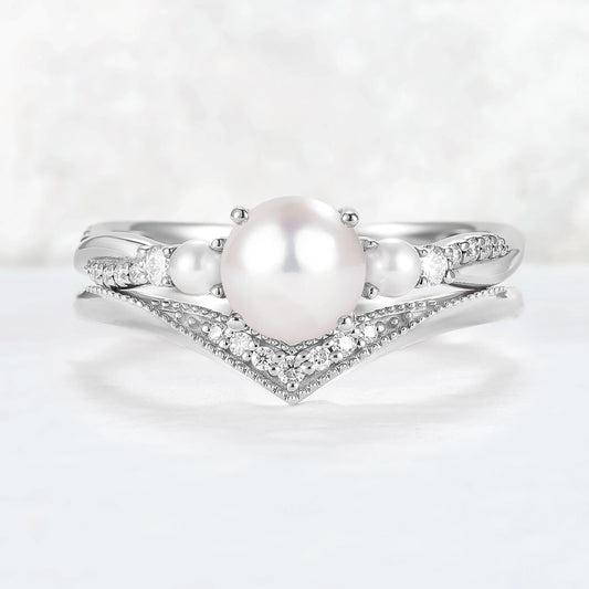 Akoya Round Pearl and Moissanite Gemstone Ring Set 2pcs