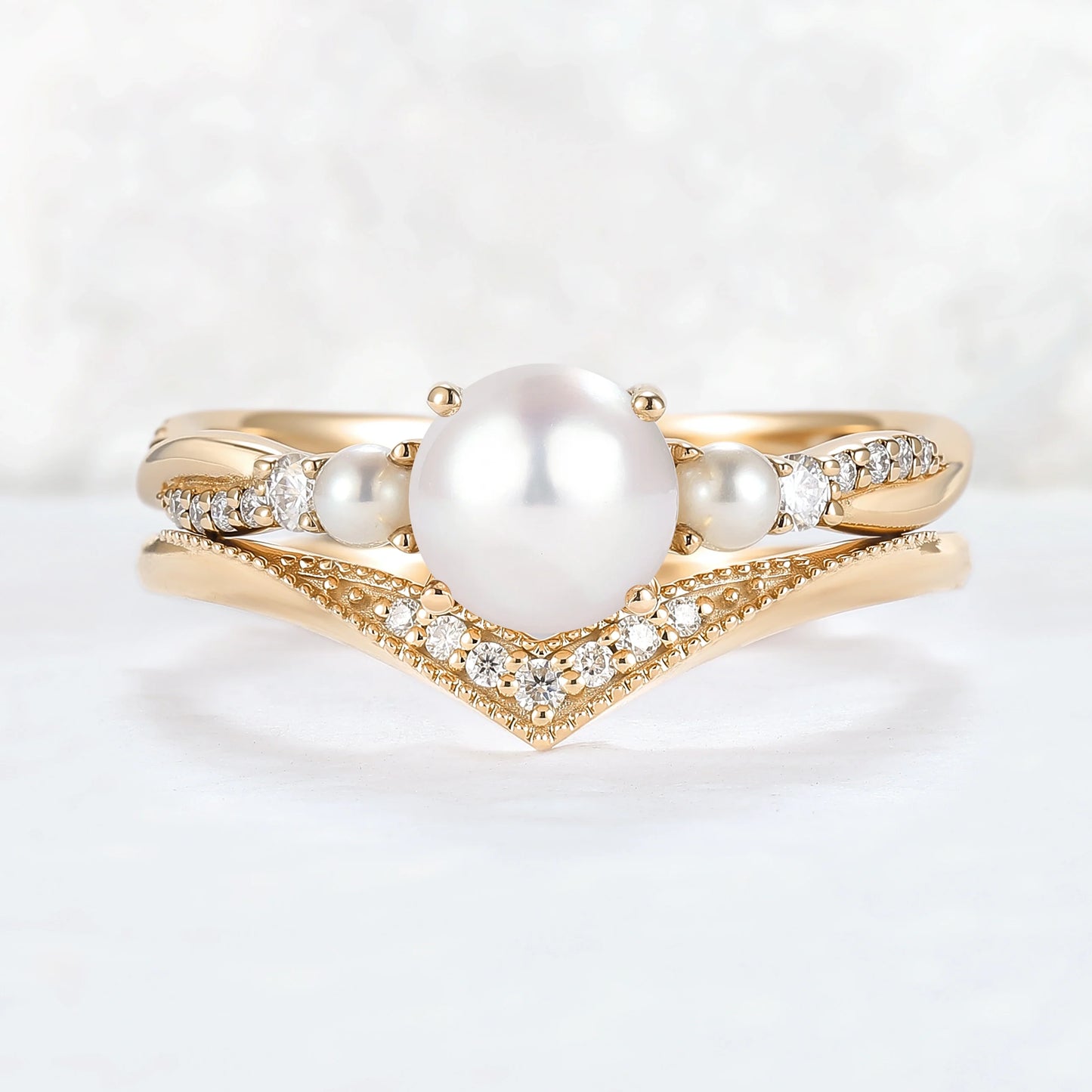 Akoya Round Pearl and Moissanite Gemstone Ring Set 2pcs