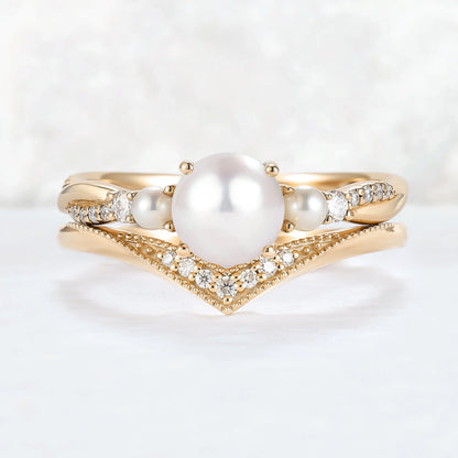 Akoya Round Pearl and Moissanite Gemstone Ring Set 2pcs
