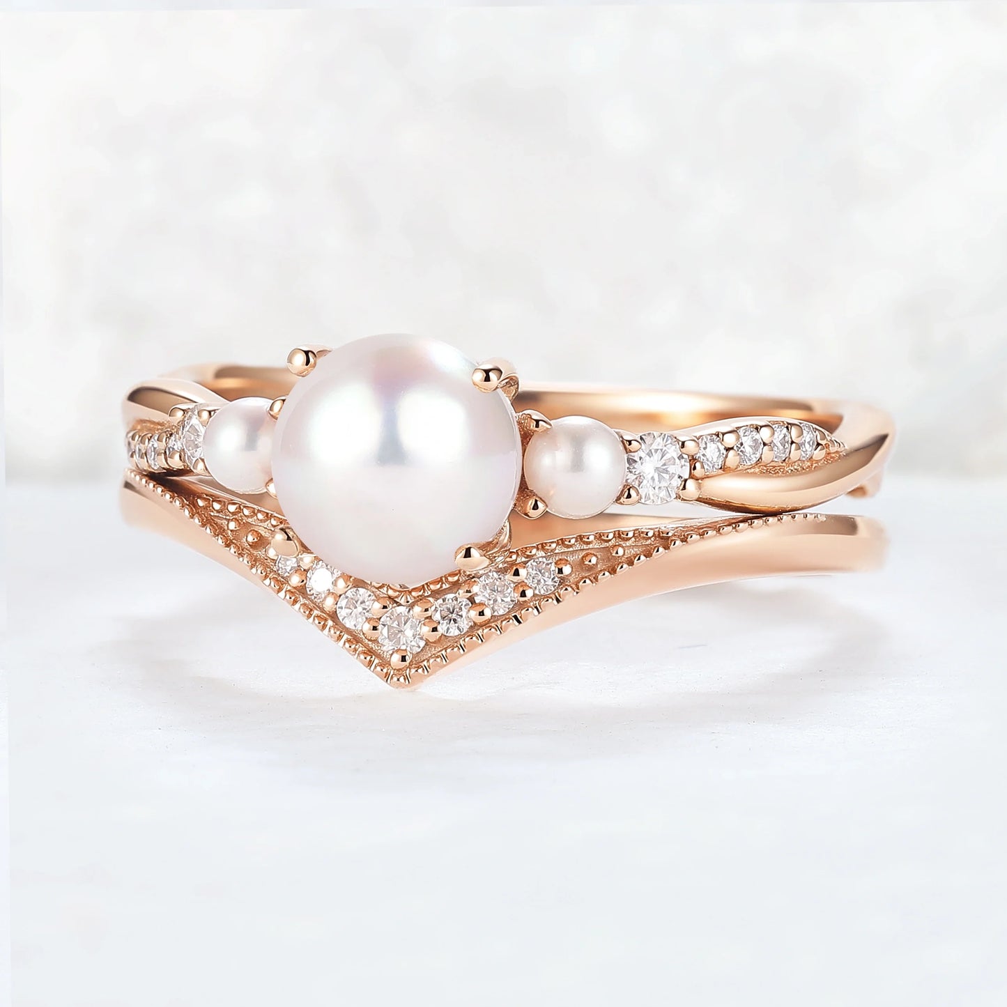 Akoya Round Pearl and Moissanite Gemstone Ring Set 2pcs