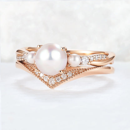 Akoya Round Pearl and Moissanite Gemstone Ring Set 2pcs