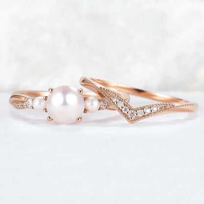 Akoya Round Pearl and Moissanite Gemstone Ring Set 2pcs