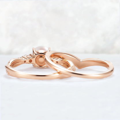 Akoya Round Pearl and Moissanite Gemstone Ring Set 2pcs