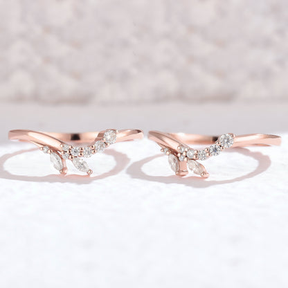 Curved Marquise Cut Moissanite Petal Shape Silver Stacking Ring