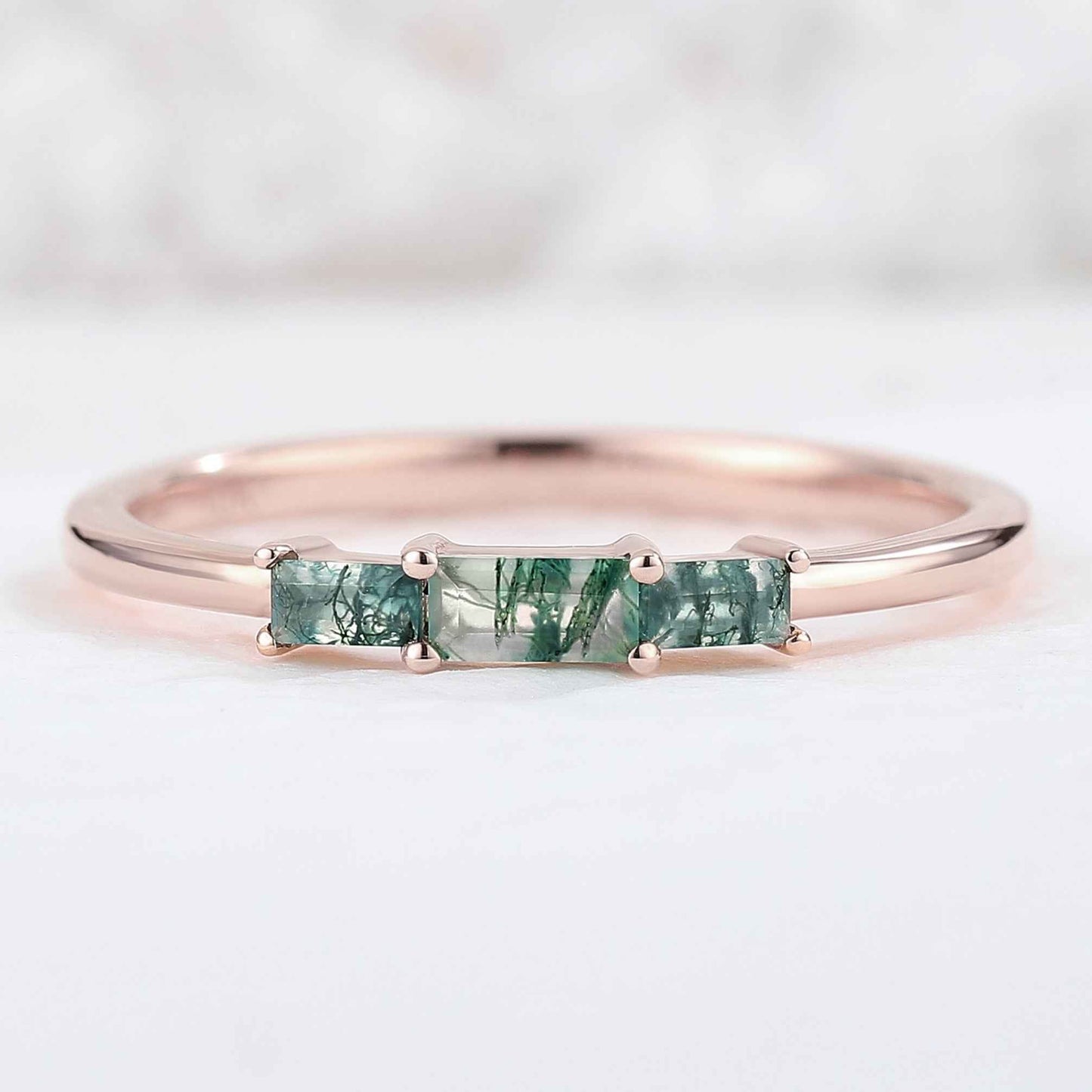 Baguette Shaped Moss Agate Three Stone Silver Stacking Ring