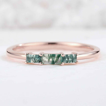 Baguette Shaped Moss Agate Three Stone Silver Stacking Ring