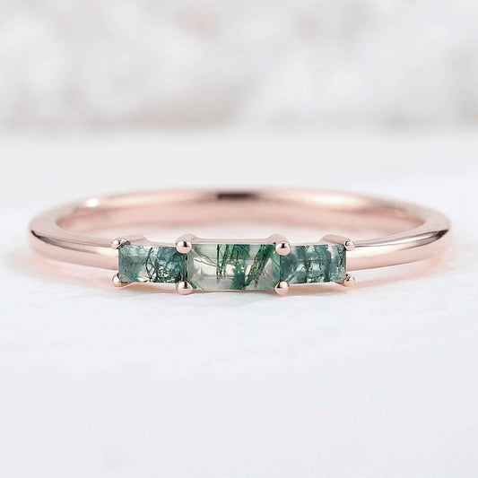 Baguette Shaped Moss Agate Three Stone Silver Stacking Ring