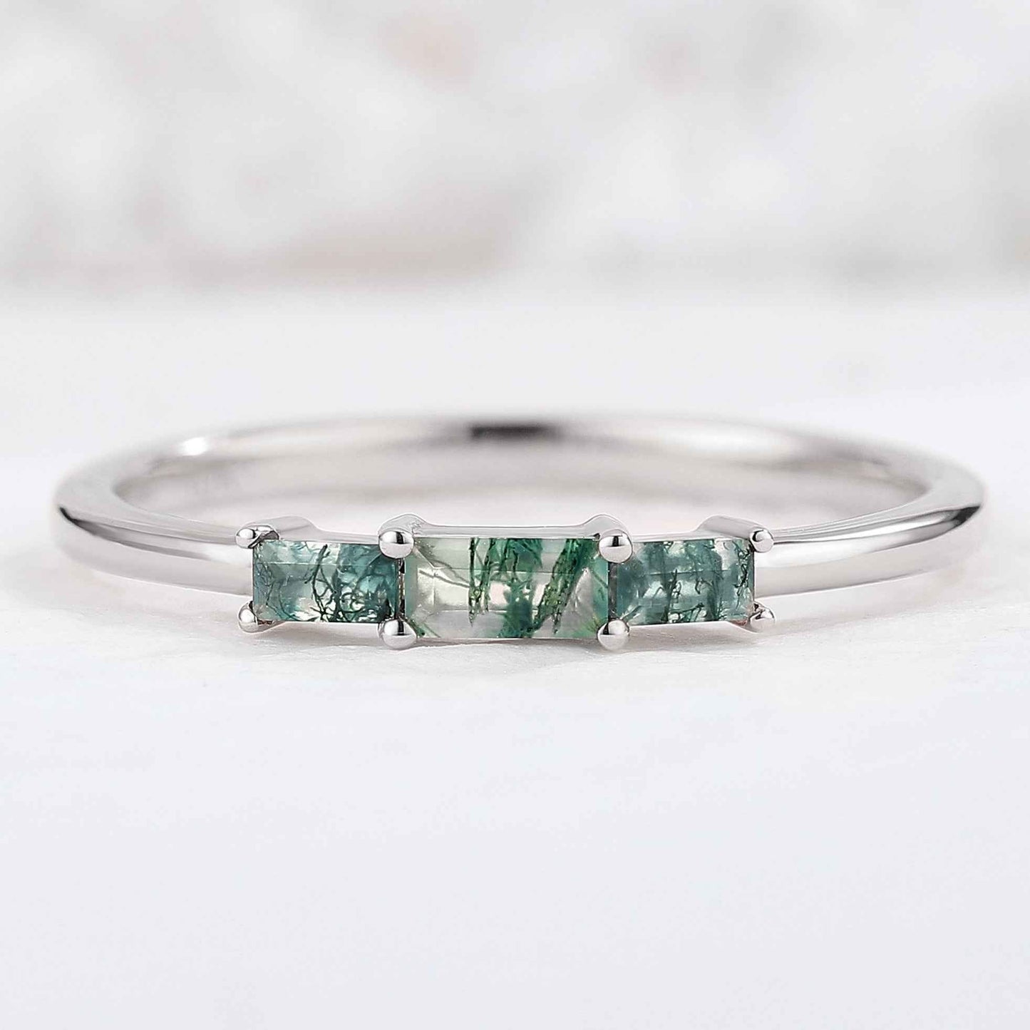 Baguette Shaped Moss Agate Three Stone Silver Stacking Ring