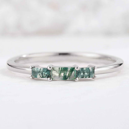 Baguette Shaped Moss Agate Three Stone Silver Stacking Ring