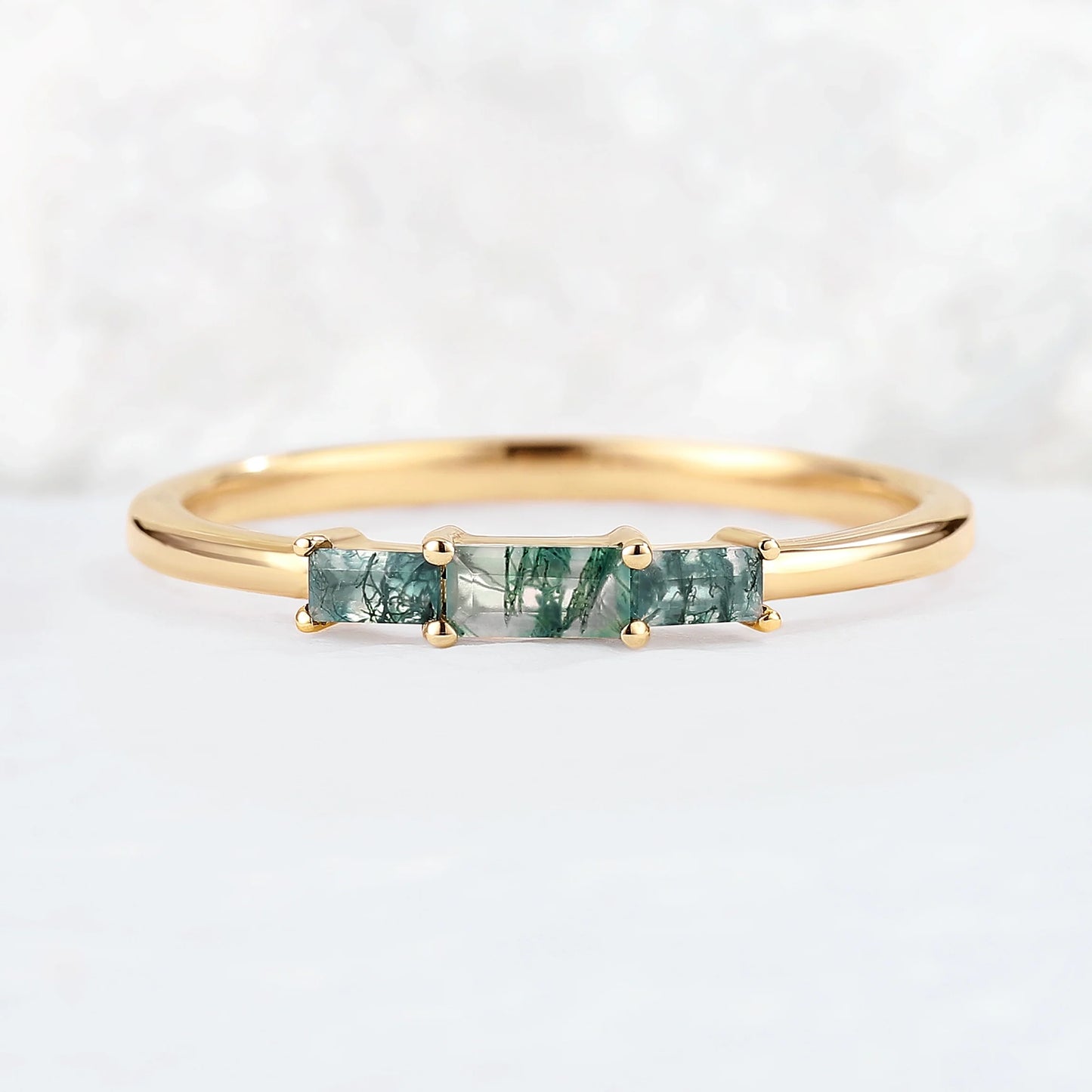 Baguette Shaped Moss Agate Three Stone Stacking Ring