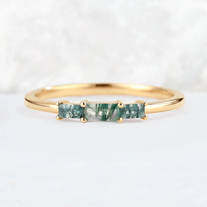 Baguette Shaped Moss Agate Three Stone Stacking Ring