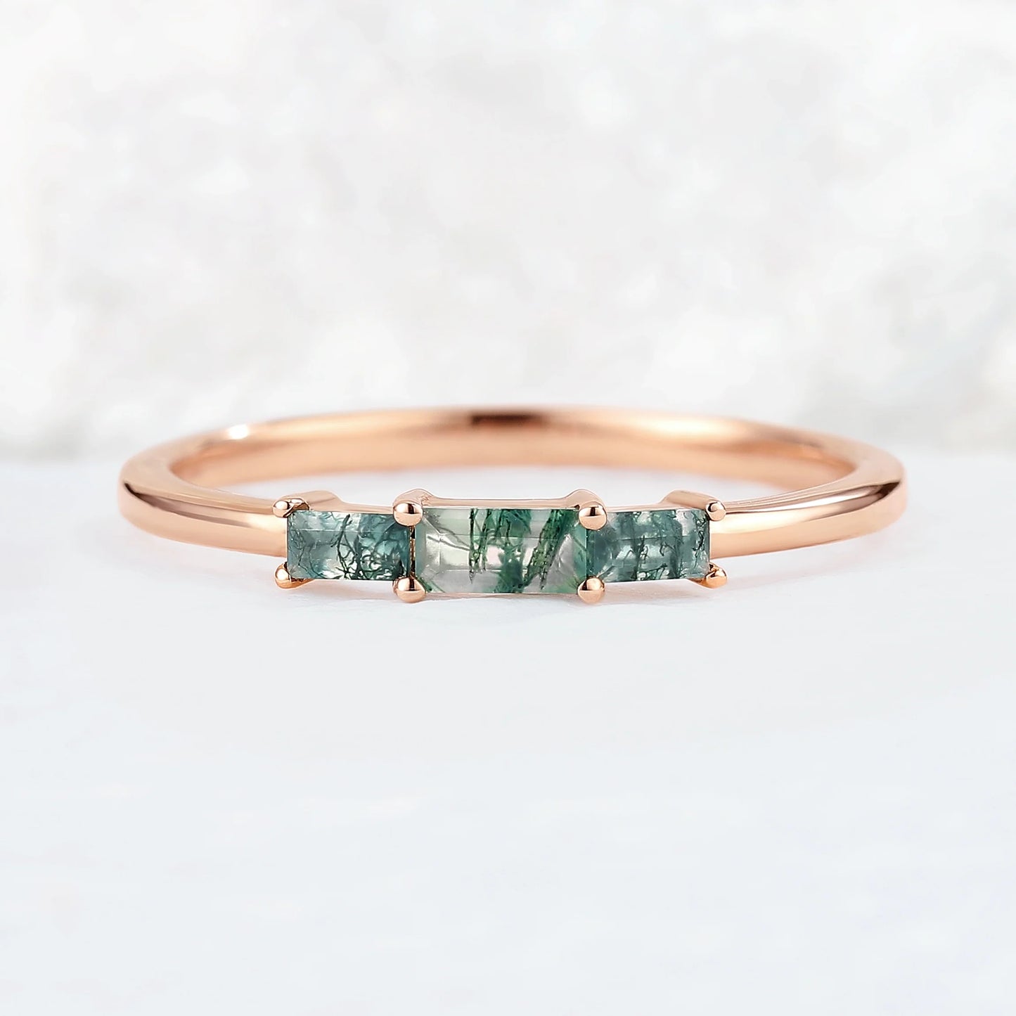 Baguette Shaped Moss Agate Three Stone Stacking Ring