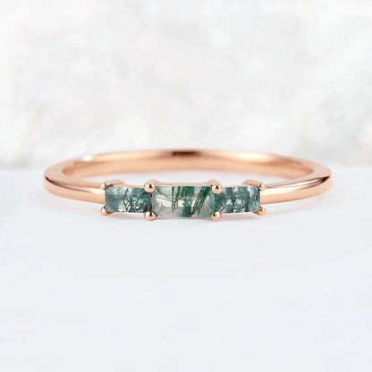 Baguette Shaped Moss Agate Three Stone Stacking Ring