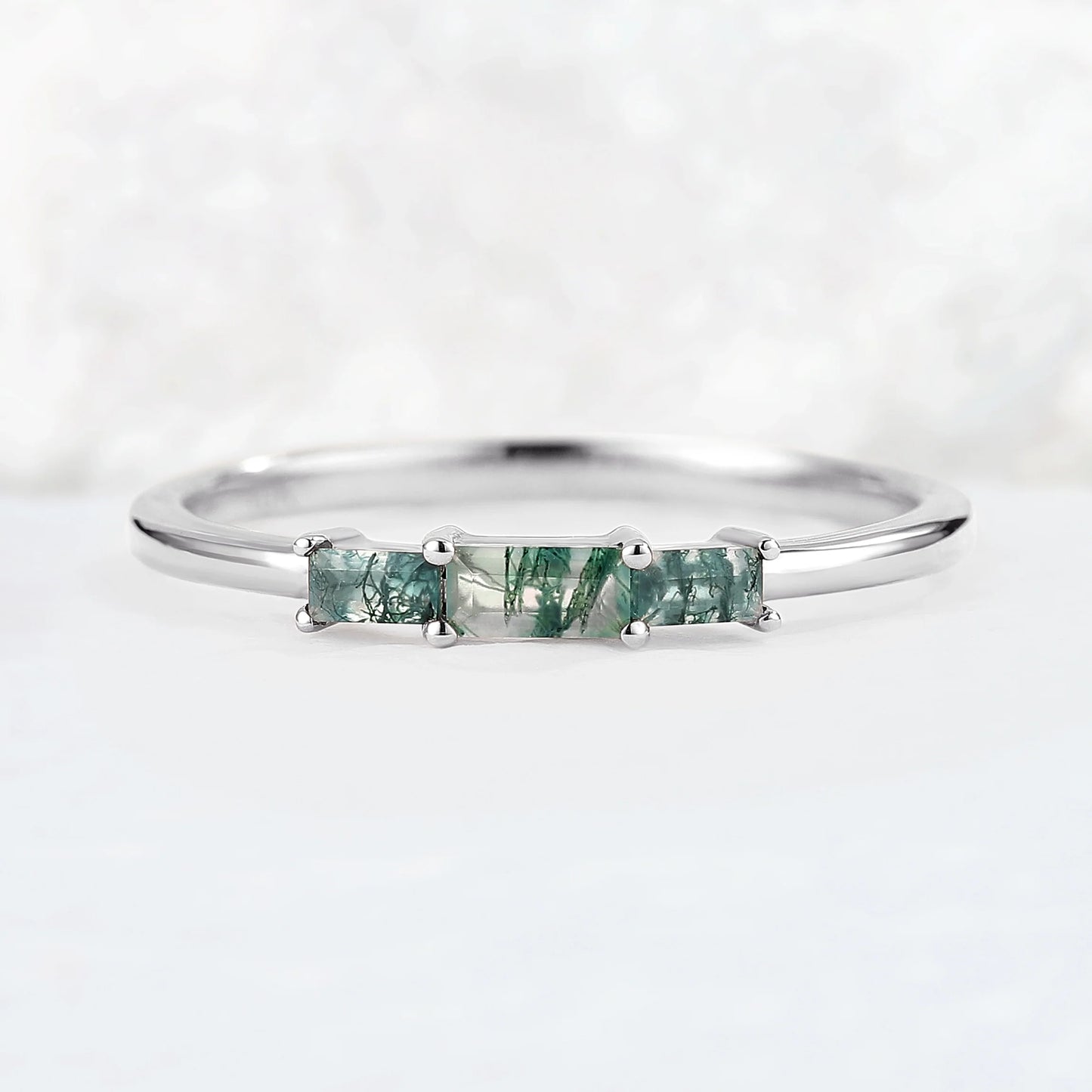 Baguette Shaped Moss Agate Three Stone Stacking Ring
