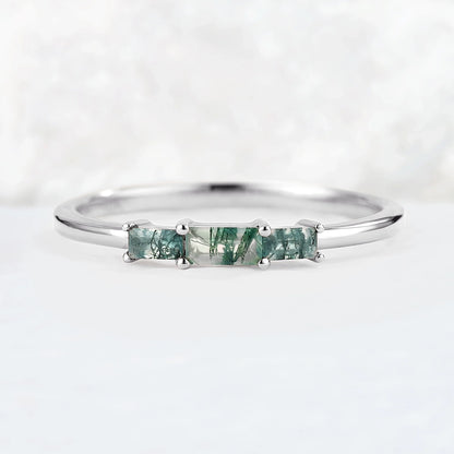 Baguette Shaped Moss Agate Three Stone Stacking Ring