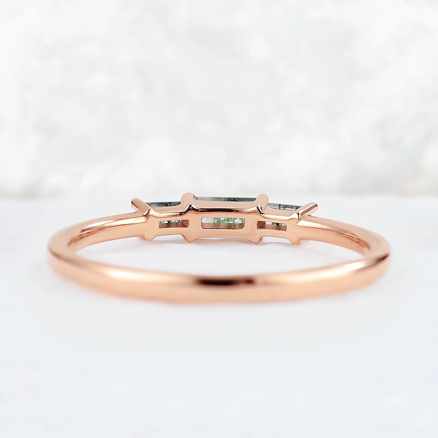 Baguette Shaped Moss Agate Three Stone Stacking Ring