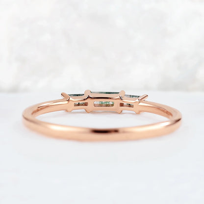 Baguette Shaped Moss Agate Three Stone Stacking Ring