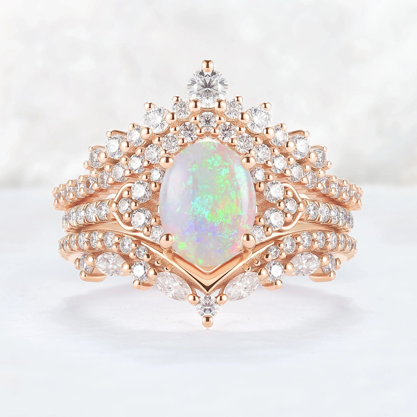 Brilliant Crown Oval Natural Opal Gemstone Ring Set 3pcs