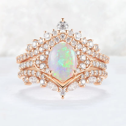 Brilliant Crown Oval Natural Opal Gemstone Ring Set 3pcs