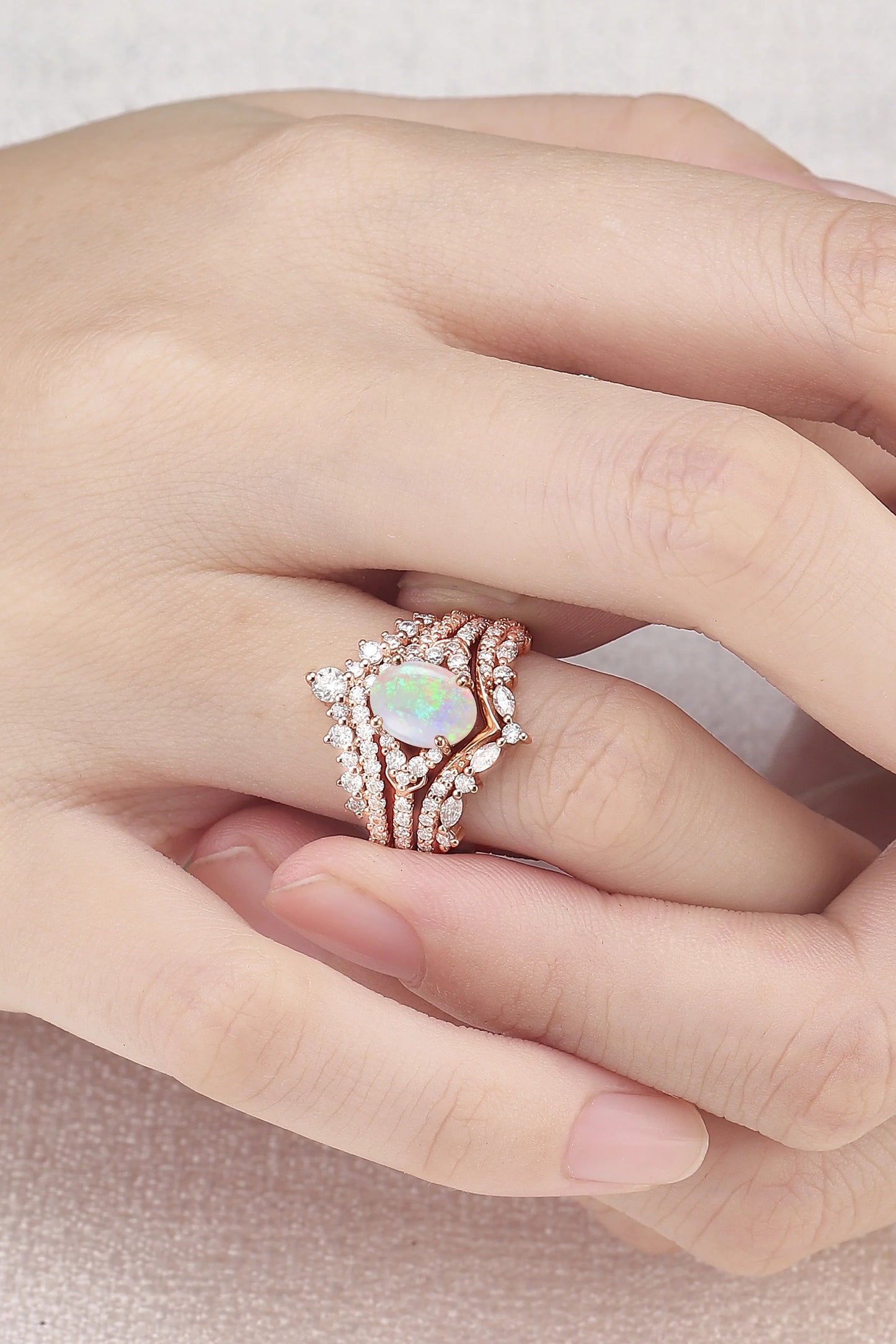 Brilliant Crown Oval Natural Opal Gemstone Ring Set 3pcs