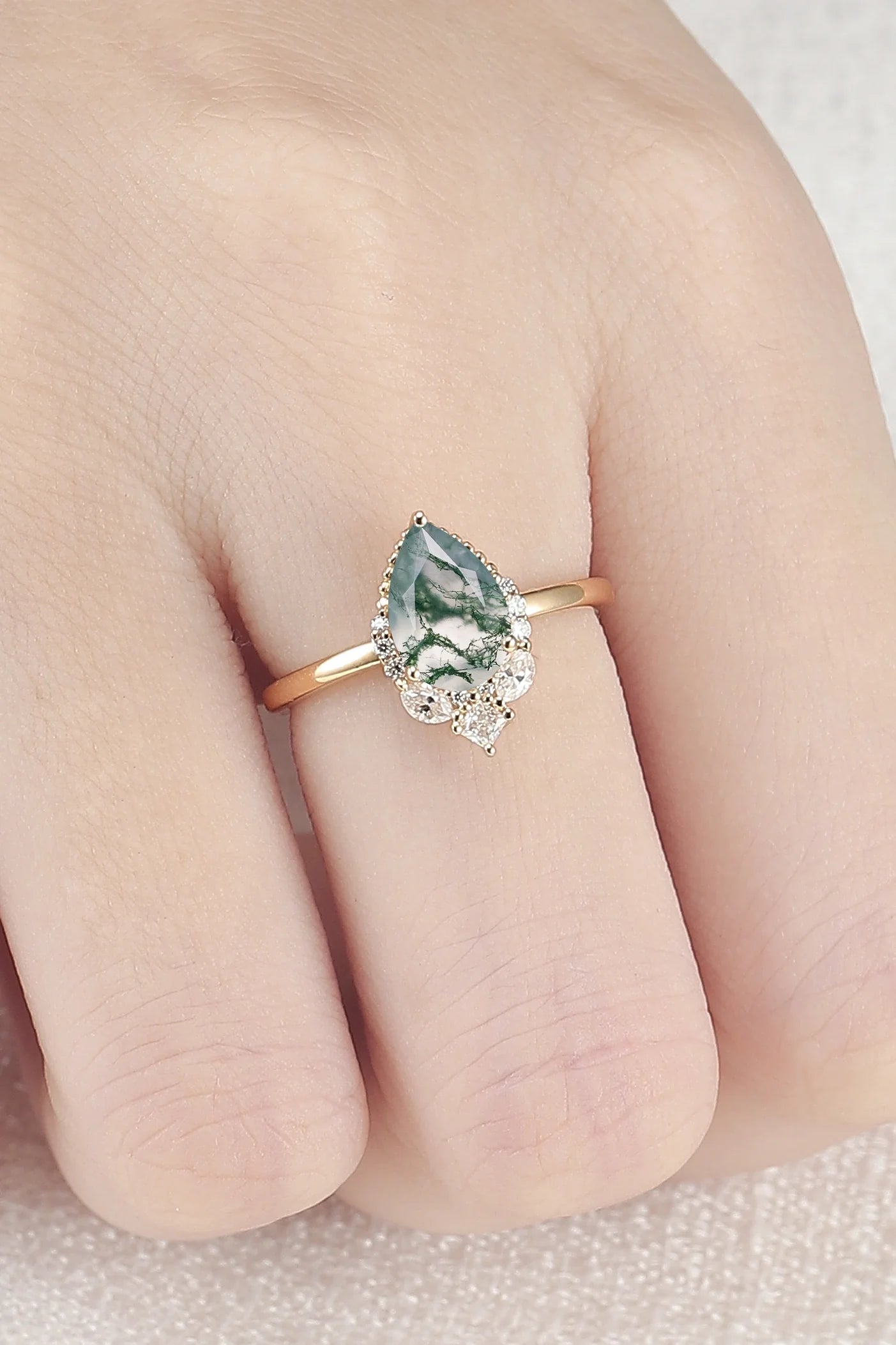 Charlotte Pear Cut Moss Agate Gemstone Ring