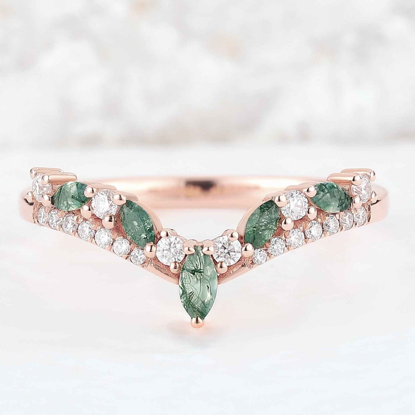 Chevron Marquise Cut Moss Agate Stacking Ring Sterling Silver