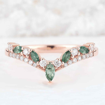 Chevron Marquise Cut Moss Agate Stacking Ring Sterling Silver