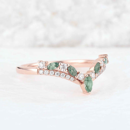 Chevron Marquise Cut Moss Agate Stacking Ring Sterling Silver