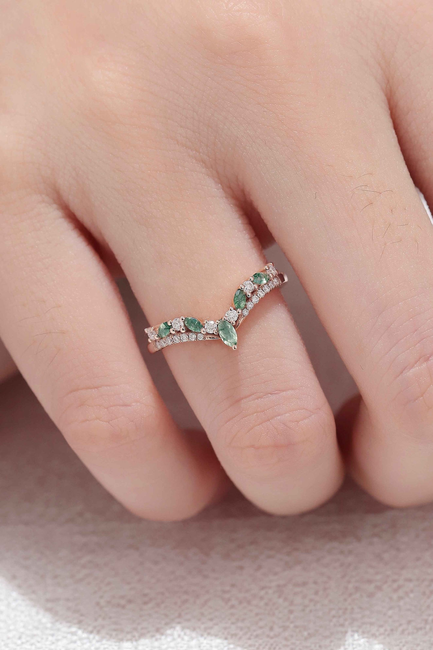 Chevron Marquise Cut Moss Agate 14k Rose Gold Stacking Ring