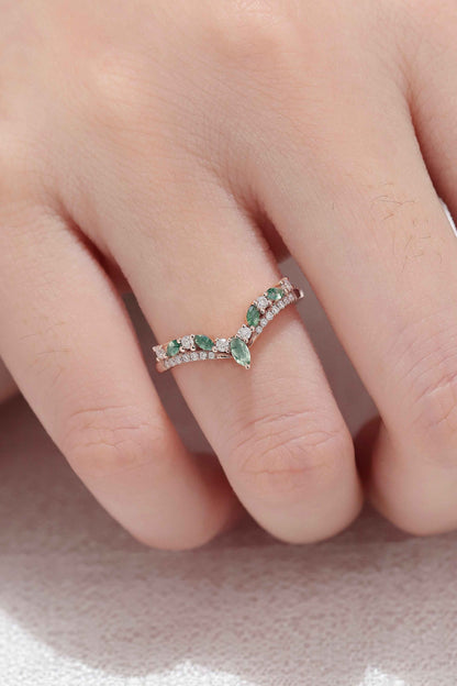 Chevron Marquise Cut Moss Agate 14k Rose Gold Stacking Ring